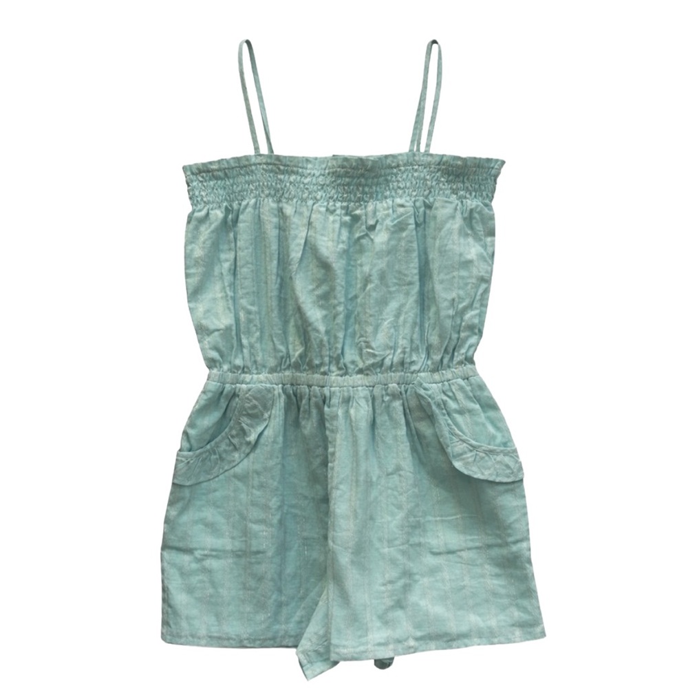 Janie and Jack Aqua Blue Gold Stripe Romper NWT Girls Size 9/10 Cotton ☀️ Beachy